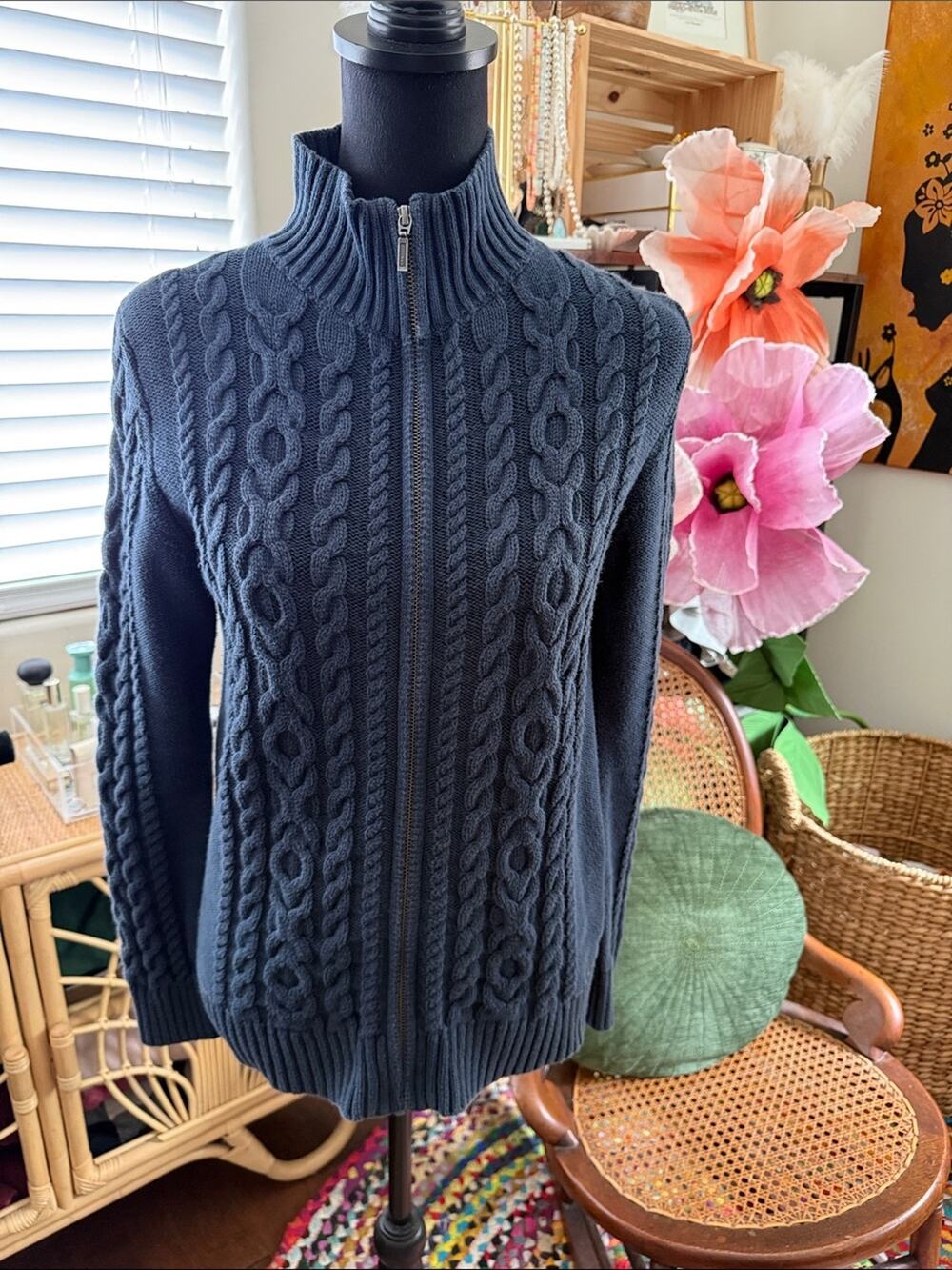 LL Bean Vintage Navy Cable Fisherman Knit Zip Coastal Nantucket Cardi Sweater